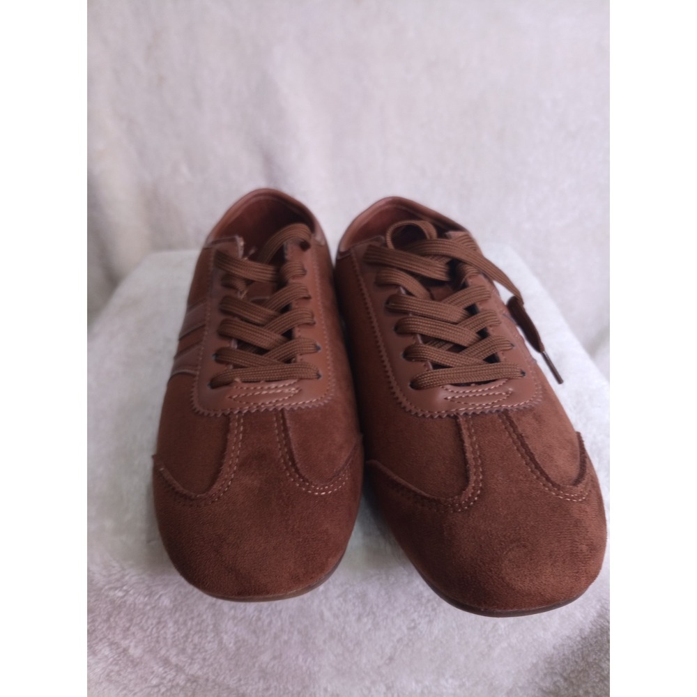 Top Moda Womens Brown Faux Suede Low Profile Lace Up Sneakers Athletic Flats - Picture 2 of 7